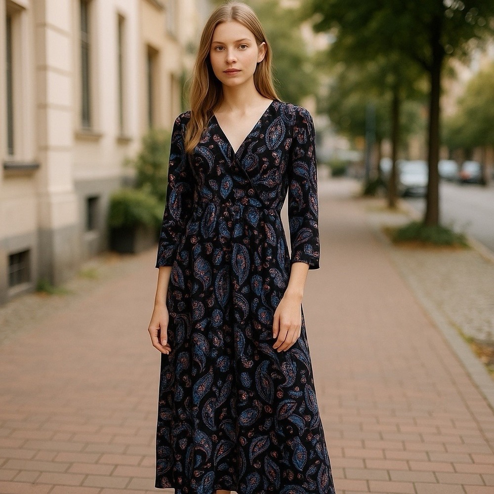 Express Maxi Dress‎ Women Size 10 Blue Paisley Bell Sleeve Fit And Flare